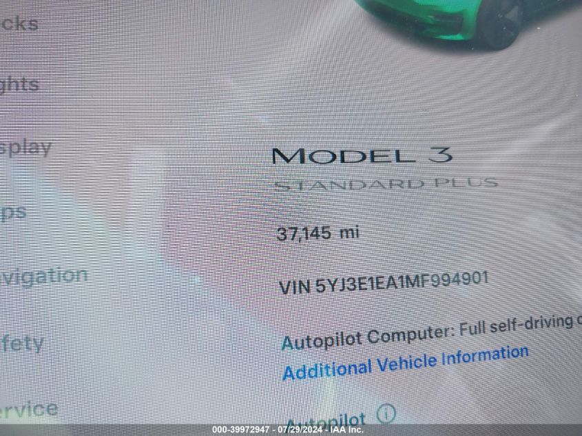 2021 Tesla Model 3 Standard Range Plus Rear-Wheel Drive VIN: 5YJ3E1EA1MF994901 Lot: 39972947