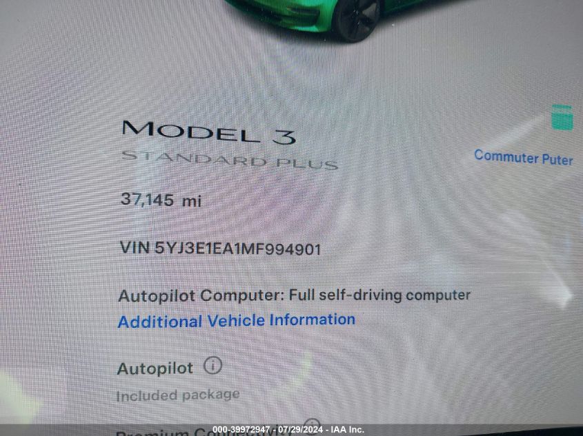 2021 Tesla Model 3 Standard Range Plus Rear-Wheel Drive VIN: 5YJ3E1EA1MF994901 Lot: 39972947