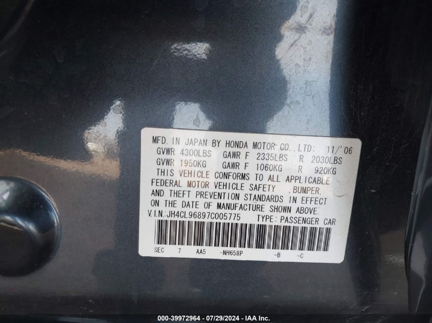 2007 Acura Tsx VIN: JH4CL96897C005775 Lot: 39972964