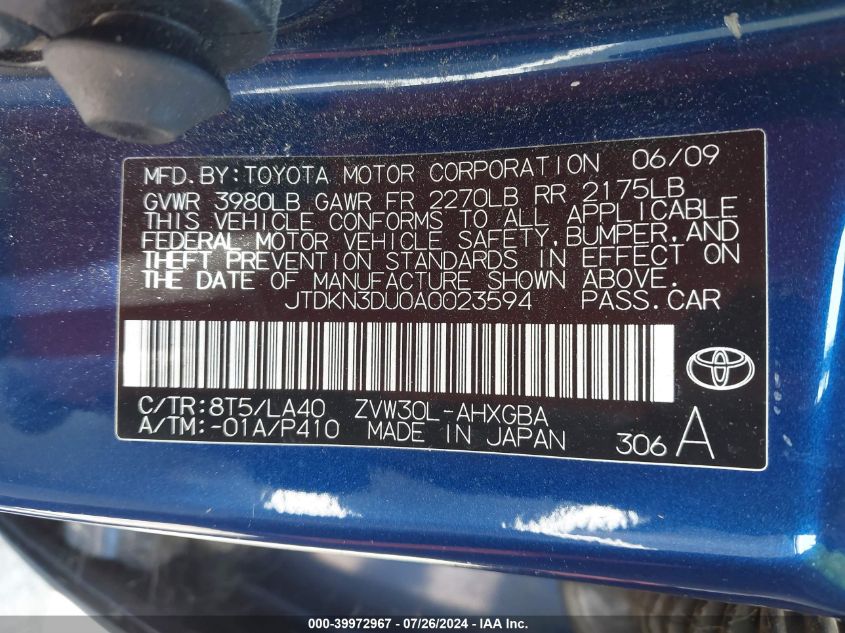 2010 Toyota Prius Iv VIN: JTDKN3DU0A0023594 Lot: 39972967