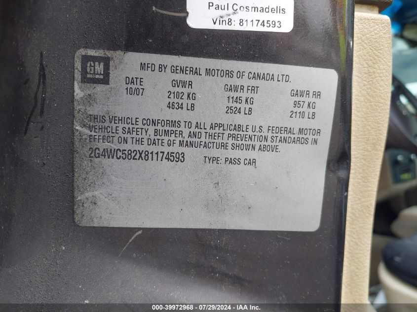 2008 Buick Lacrosse Cx VIN: 2G4WC582X81174593 Lot: 39972968
