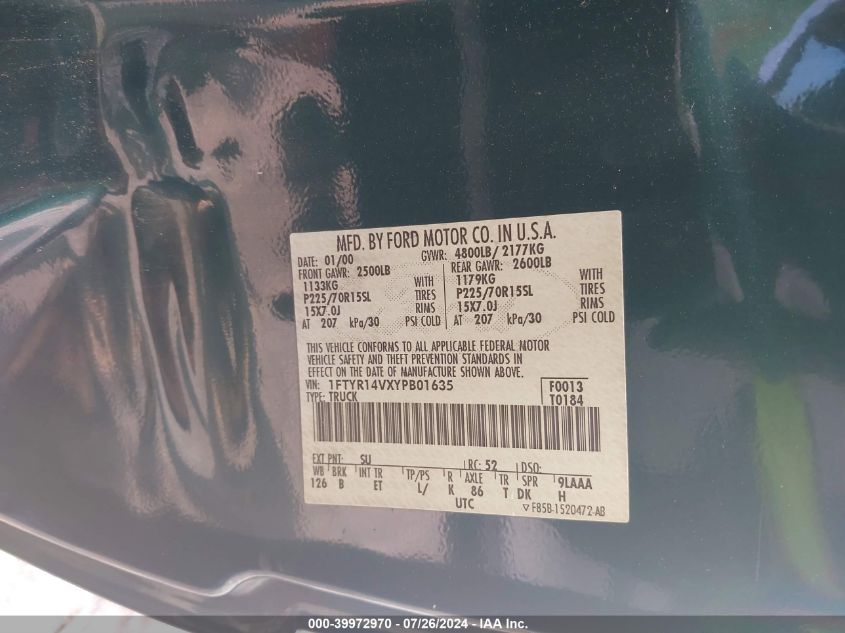 2000 Ford Ranger Xl/Xlt VIN: 1FTYR14VXYPB01635 Lot: 39972970