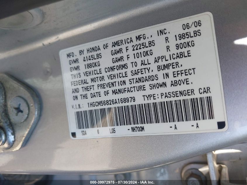 2006 Honda Accord 2.4 Ex VIN: 1HGCM56826A168979 Lot: 39972975