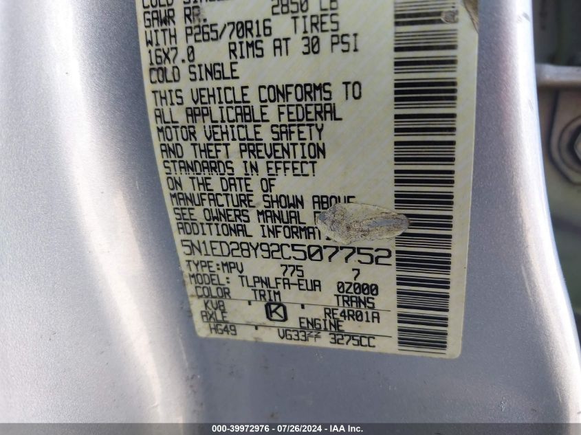 2002 Nissan Xterra Se VIN: 5N1ED28Y92C507752 Lot: 39972976