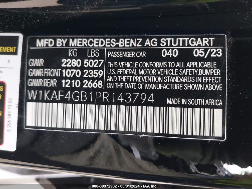 2023 Mercedes-Benz C 300 Sedan VIN: W1KAF4GB1PR143794 Lot: 39972982