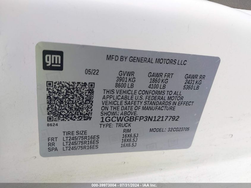 2022 Chevrolet Express G2500 VIN: 1GCWGBFP3N1217792 Lot: 39973004