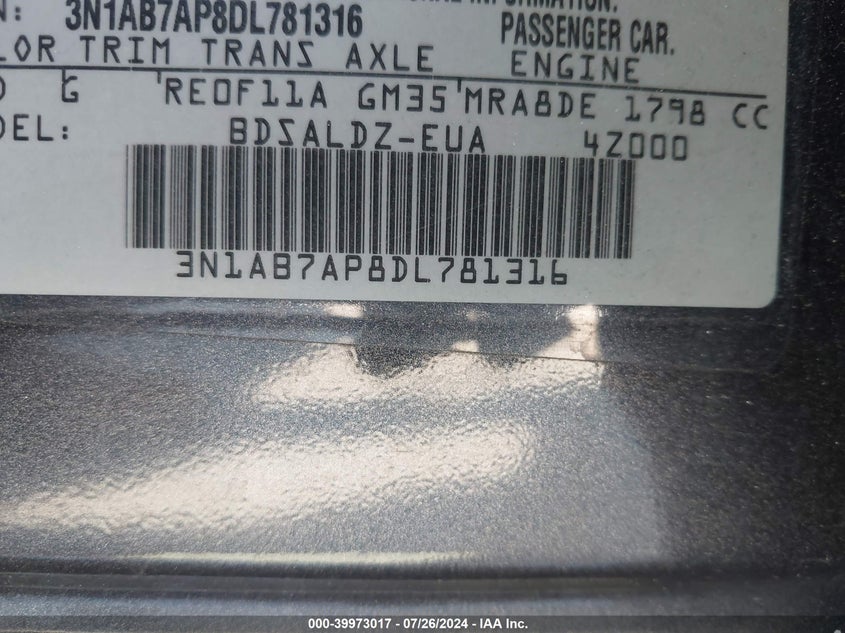 2013 Nissan Sentra Sv VIN: 3N1AB7AP8DL781316 Lot: 39973017