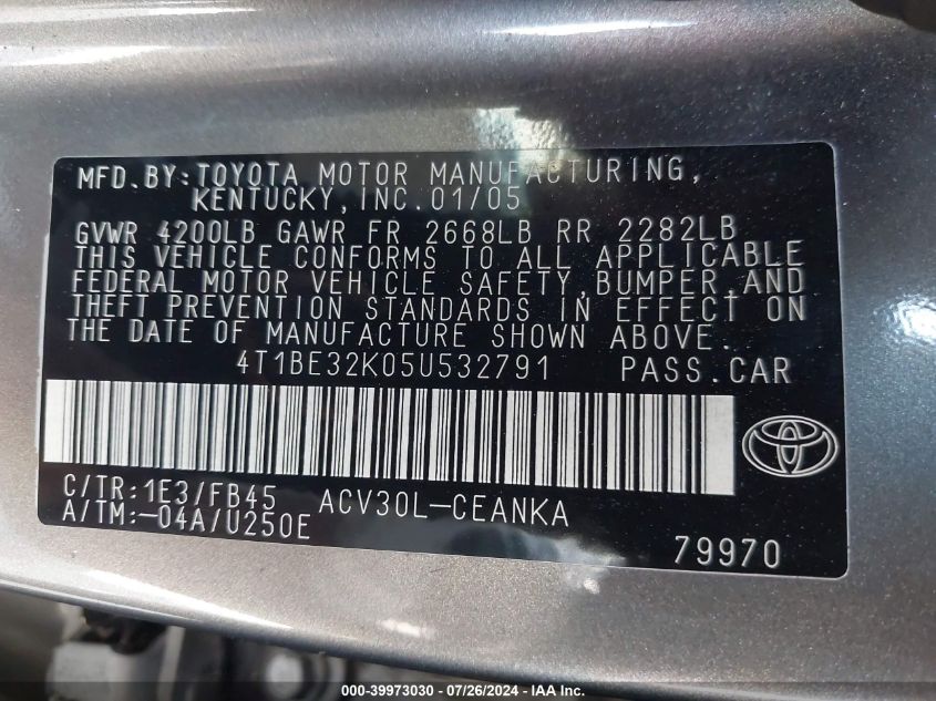 2005 Toyota Camry Le/Xle/Se VIN: 4T1BE32K05U532791 Lot: 39973030