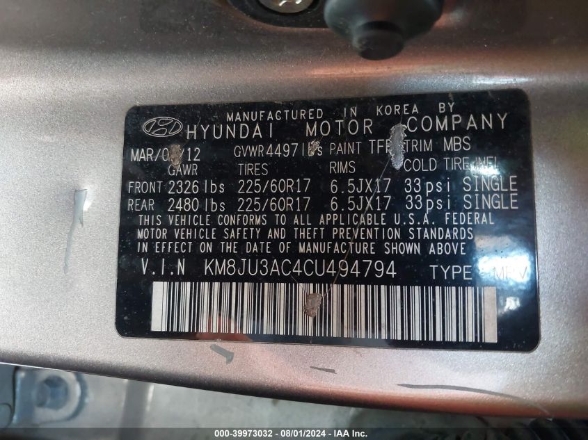 2012 Hyundai Tucson Gls VIN: KM8JU3AC4CU494794 Lot: 39973032