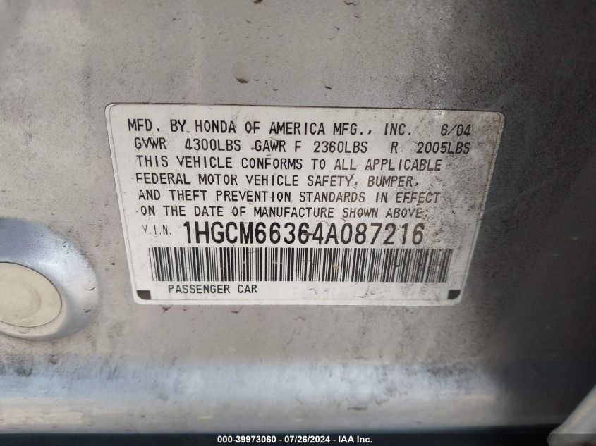 2004 Honda Accord Lx VIN: 1HGCM66364A087216 Lot: 39973060