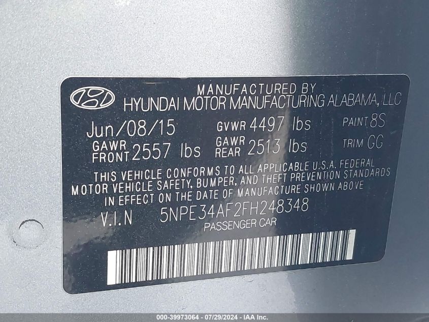 2015 Hyundai Sonata Sport/Limited VIN: 5NPE34AF2FH248348 Lot: 39973064