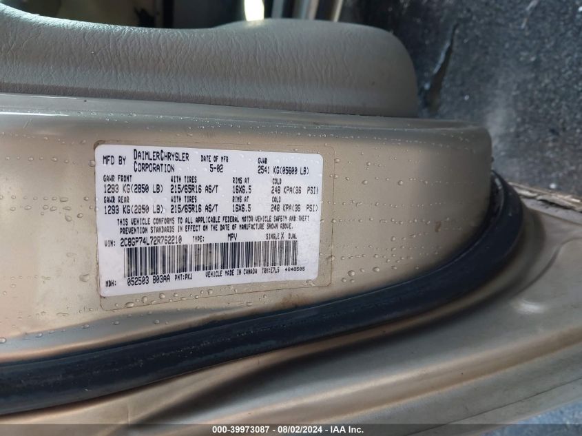 2002 Chrysler Town & Country Ex VIN: 2C8GP74L72R762210 Lot: 39973087