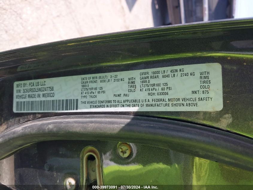 2022 Ram 2500 Big Horn/Lone Star VIN: 3C6UR5DL5NG247758 Lot: 39973091