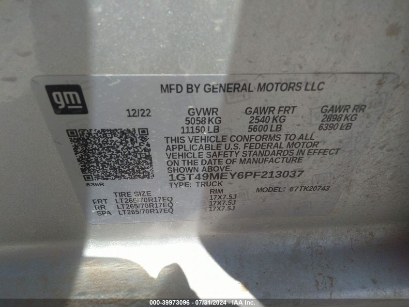 2023 GMC Sierra K2500 Sle VIN: 1GT49MEY6PF213037 Lot: 39973096
