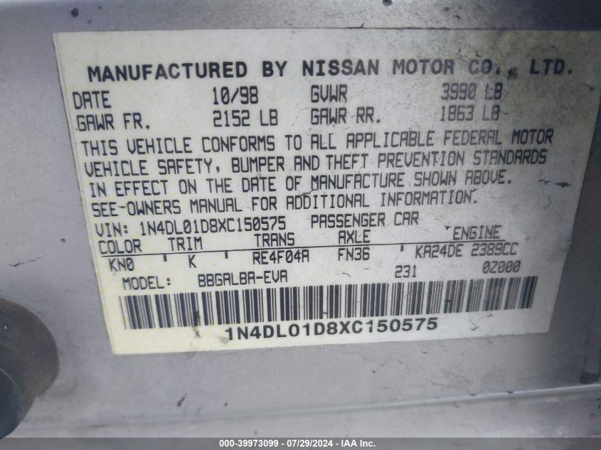 1999 Nissan Altima Gle/Gxe/Se/Se-L/Xe VIN: 1N4DL01D8XC150575 Lot: 39973099