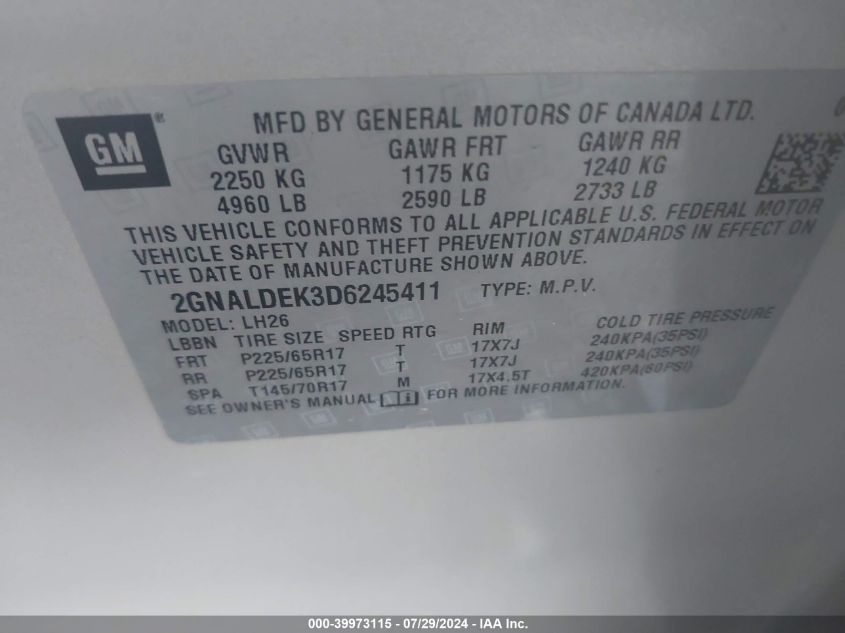 2013 Chevrolet Equinox 1Lt VIN: 2GNALDEK3D6245411 Lot: 39973115