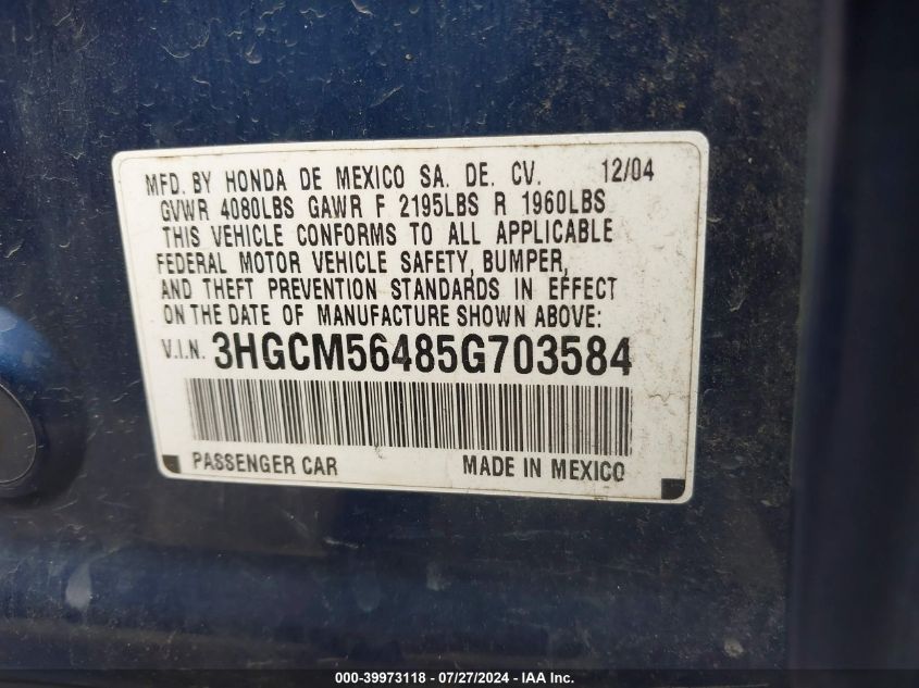 2005 Honda Accord 2.4 Lx VIN: 3HGCM56485G703584 Lot: 39973118