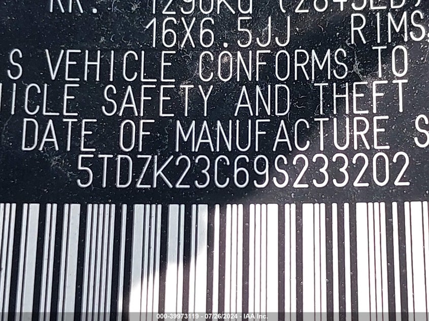 2009 Toyota Sienna Le VIN: 5TDZK23C69S233202 Lot: 39973119