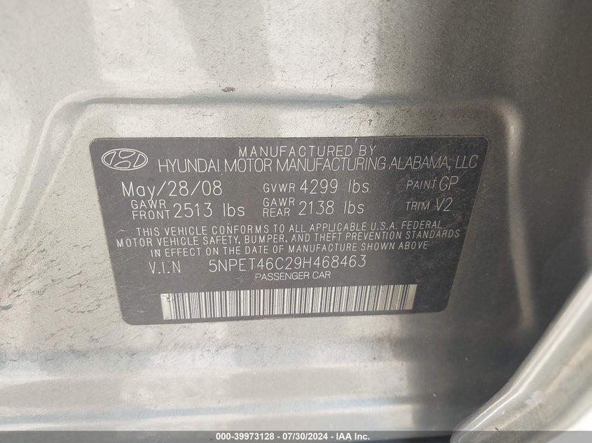 2009 Hyundai Sonata Gls VIN: 5NPET46C29H468463 Lot: 39973128