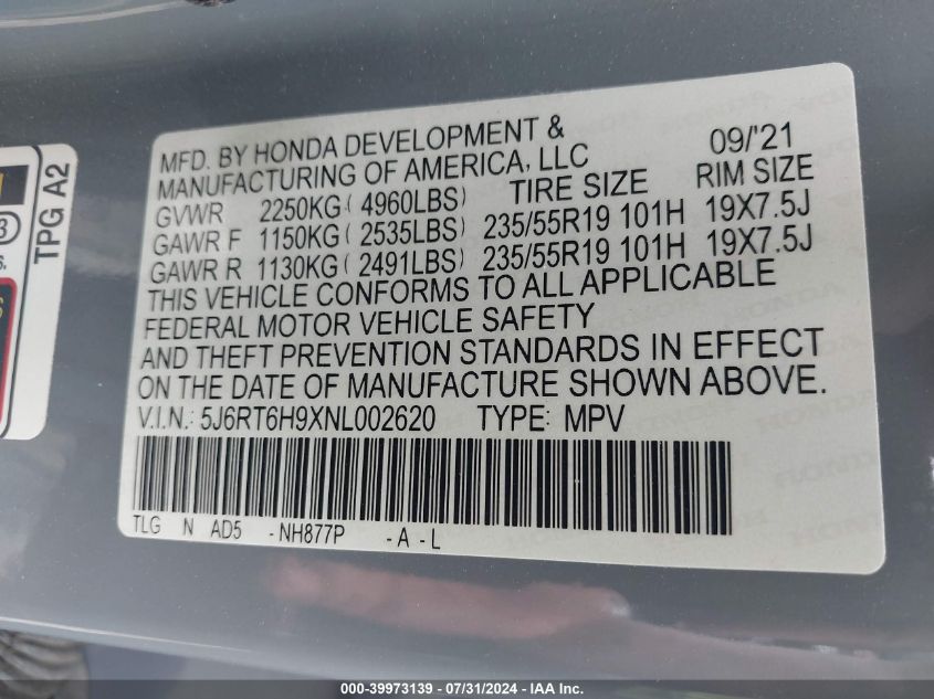 2022 HONDA CR-V HYBRID TOURING - 5J6RT6H9XNL002620