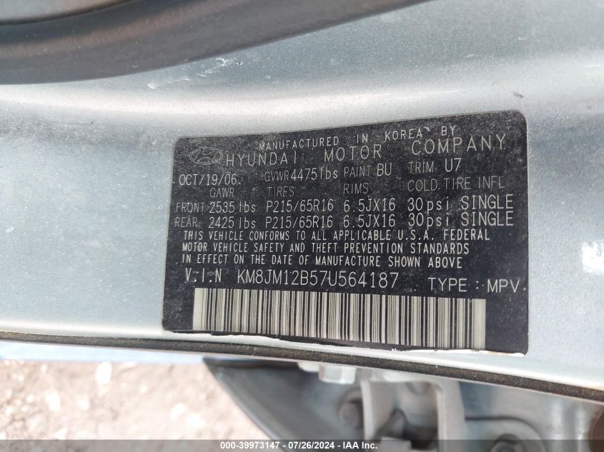 2007 Hyundai Tucson Gls VIN: KM8JM12B57U564187 Lot: 39973147