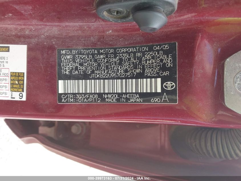 2005 Toyota Prius VIN: JTDKB22U957027517 Lot: 39973163