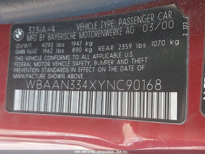 2000 BMW 323I I VIN: WBAAN334XYNC90168 Lot: 39973193