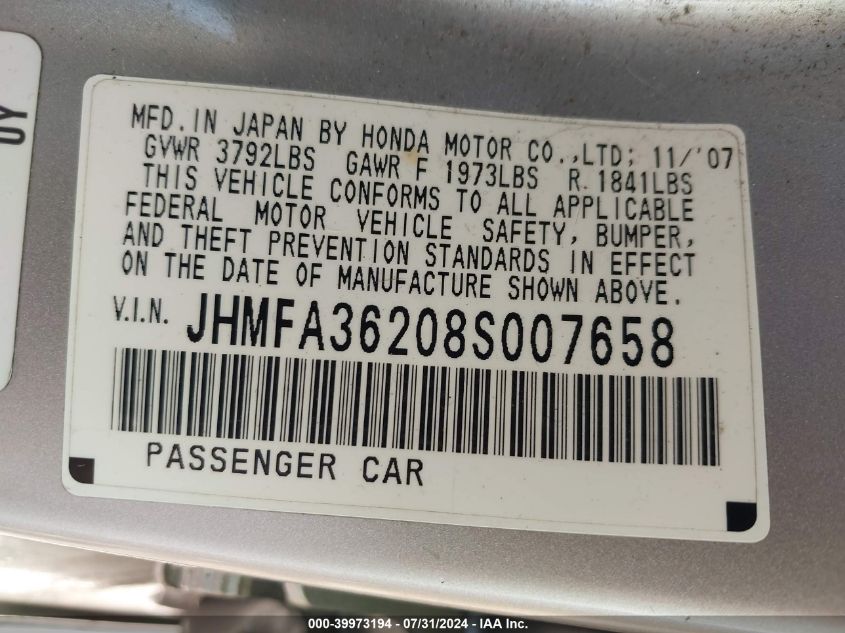 2008 Honda Civic Hybrid VIN: JHMFA36208S007658 Lot: 39973194