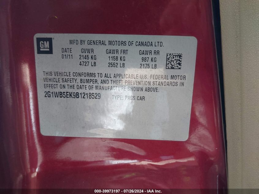 2011 Chevrolet Impala Lt VIN: 2G1WB5EK9B1218529 Lot: 39973197