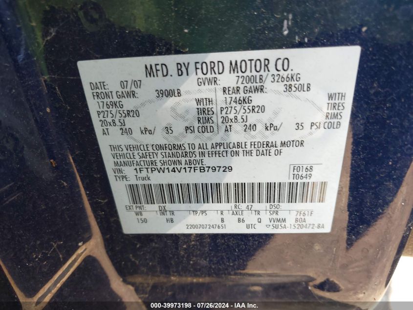 2007 Ford F-150 Fx4/Lariat/Xlt VIN: 1FTPW14V17FB79729 Lot: 39973198