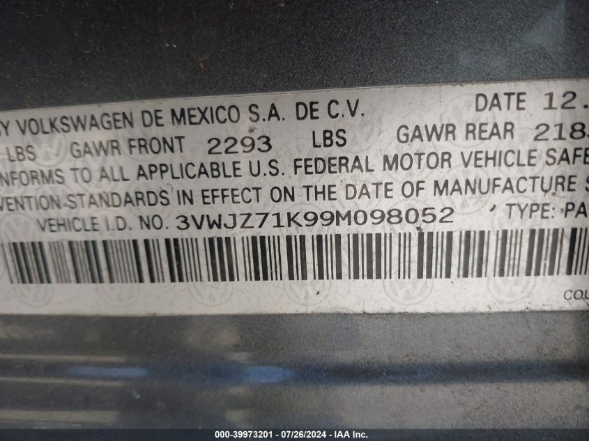 2009 Volkswagen Jetta S VIN: 3VWJZ71K99M098052 Lot: 39973201