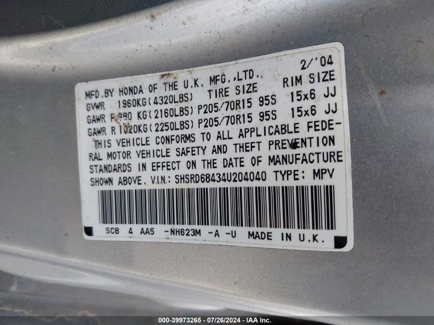 2004 Honda Cr-V Lx VIN: SHSRD68434U204040 Lot: 39973265