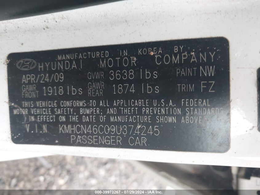2009 Hyundai Accent Gls VIN: KMHCN46C09U374245 Lot: 39973267