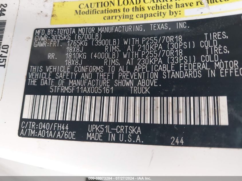 5TFRM5F11AX005161 2010 Toyota Tundra Grade 4.6L V8