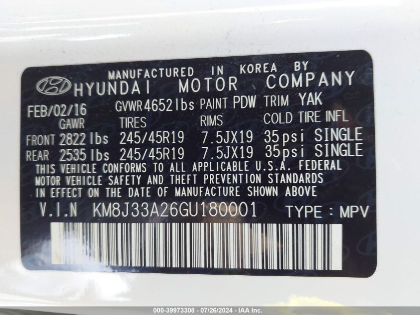 2016 Hyundai Tucson Sport VIN: KM8J33A26GU180001 Lot: 39973308