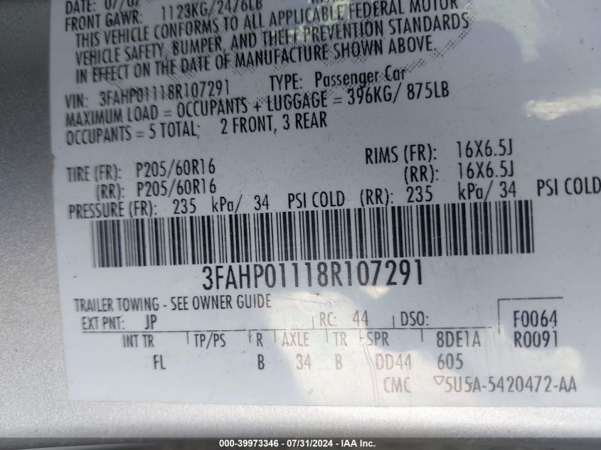 2008 Ford Fusion Se VIN: 3FAHP01118R107291 Lot: 39973346