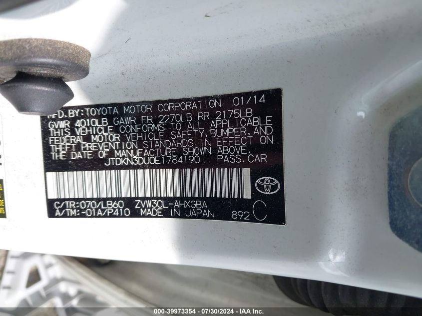 2014 Toyota Prius Five VIN: JTDKN3DU0E1784190 Lot: 39973354