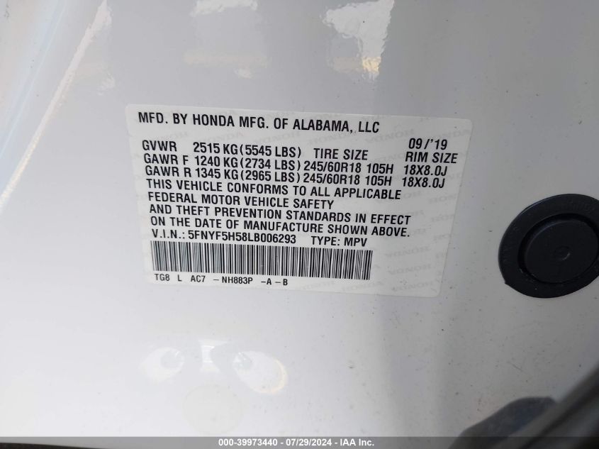 2020 Honda Pilot 2Wd Ex-L VIN: 5FNYF5H58LB006293 Lot: 39973440