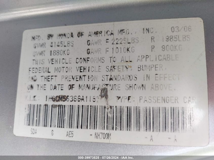 2006 Honda Accord 2.4 Se VIN: 1HGCM56366A116209 Lot: 39973525