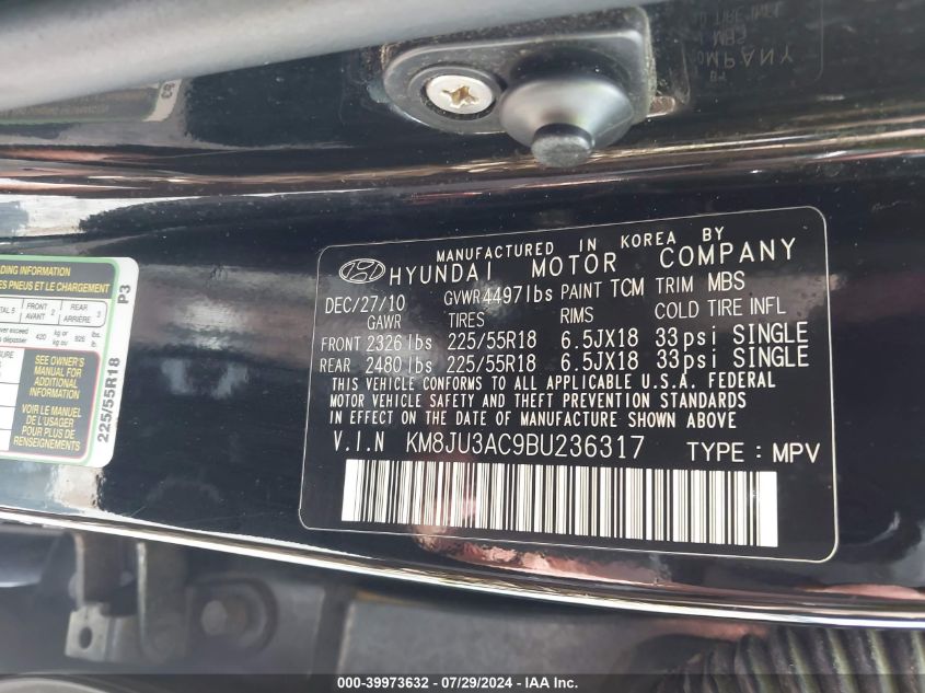 2011 Hyundai Tucson Limited VIN: KM8JU3AC9BU236317 Lot: 39973632
