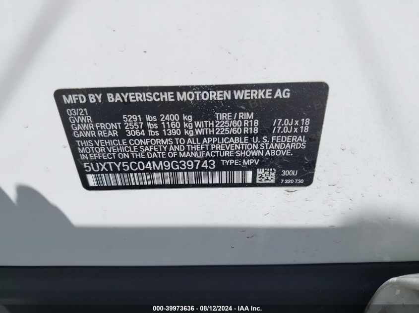 2021 BMW X3 xDrive30I VIN: 5UXTY5C04M9G39743 Lot: 39973636