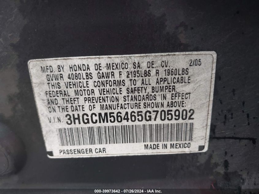 2005 Honda Accord 2.4 Lx VIN: 3HGCM56465G705902 Lot: 39973642