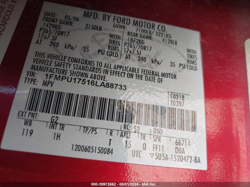 2006 Ford Expedition Eddie Bauer/King Ranch VIN: 1FMPU17516LA88733 Lot: 39973662