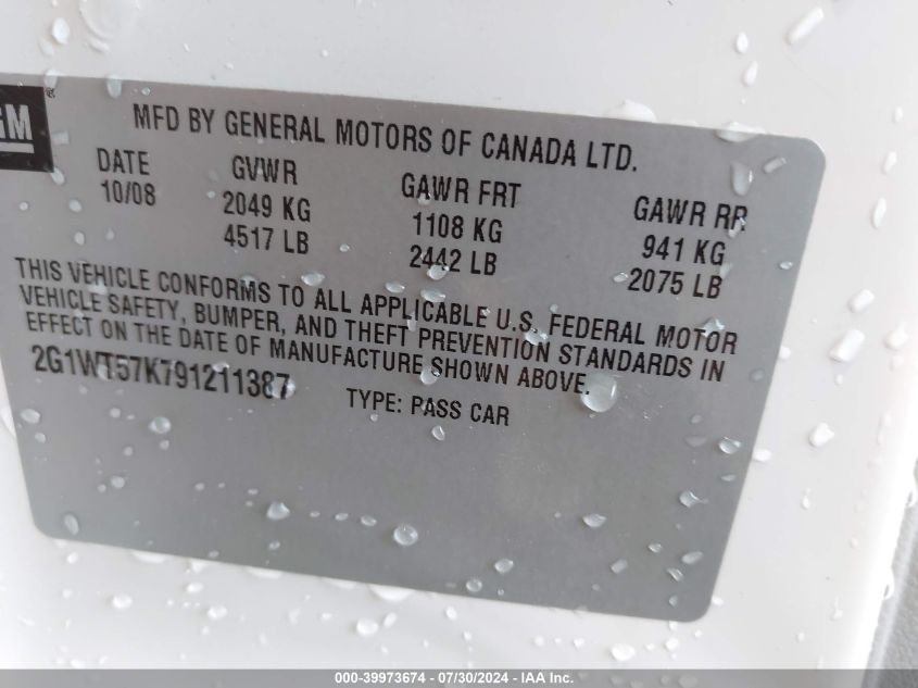 2009 Chevrolet Impala Lt VIN: 2G1WT57K791211387 Lot: 39973674