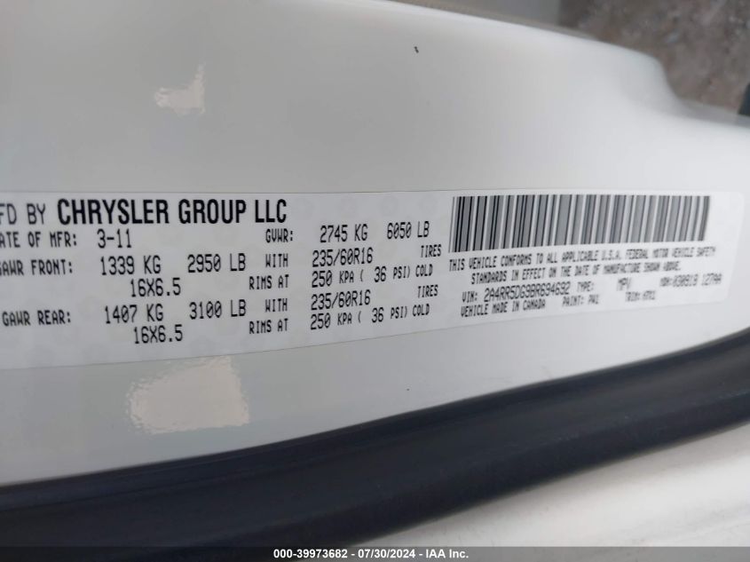 2011 Chrysler Town & Country Touring VIN: 2A4RR5DG9BR694692 Lot: 39973682