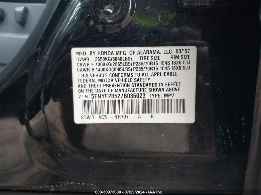 2007 Honda Pilot Ex-L VIN: 5FNYF28527B036023 Lot: 39973688