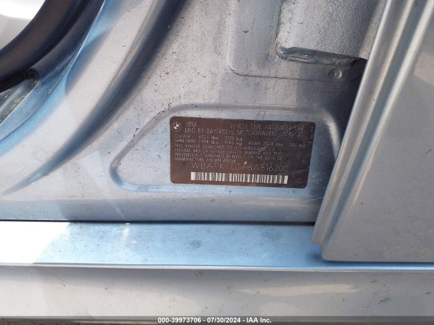 2011 BMW 328I xDrive VIN: WBAPK7C56BA816200 Lot: 39973706