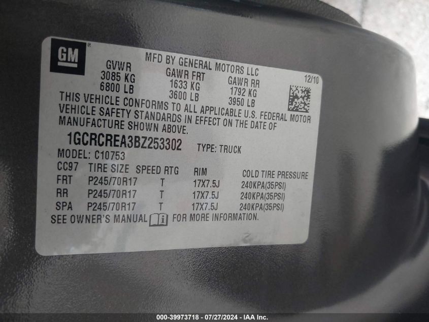 2011 Chevrolet Silverado 1500 Ls VIN: 1GCRCREA3BZ253302 Lot: 39973718