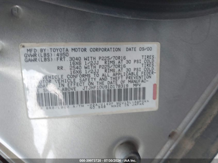 2001 Lexus Rx 300 VIN: JTJHF10U910178319 Lot: 39973720