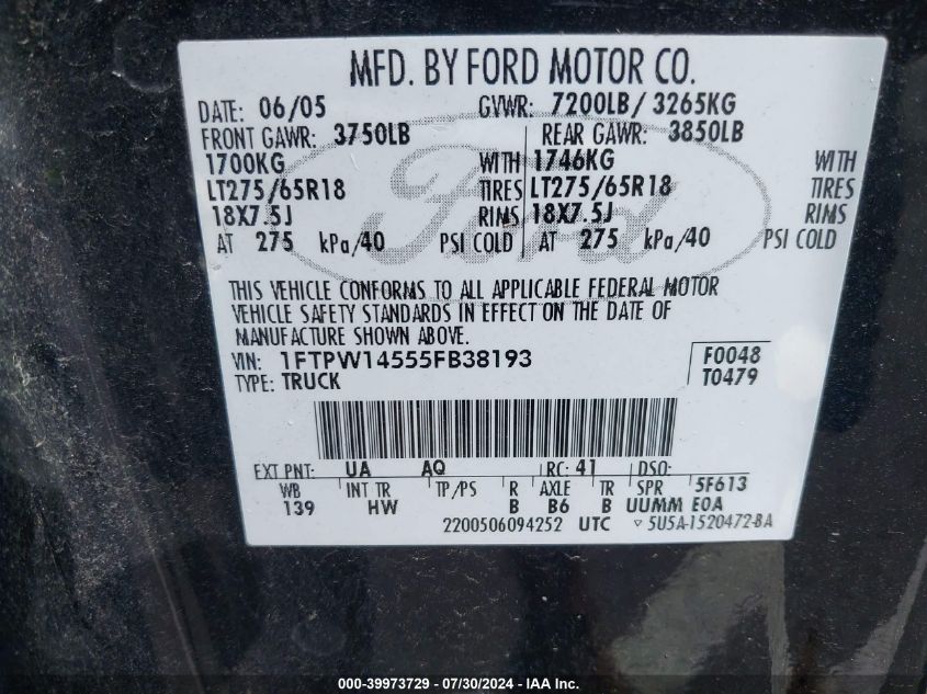 2005 Ford F-150 Fx4/Lariat/Xlt VIN: 1FTPW14555FB38193 Lot: 39973729